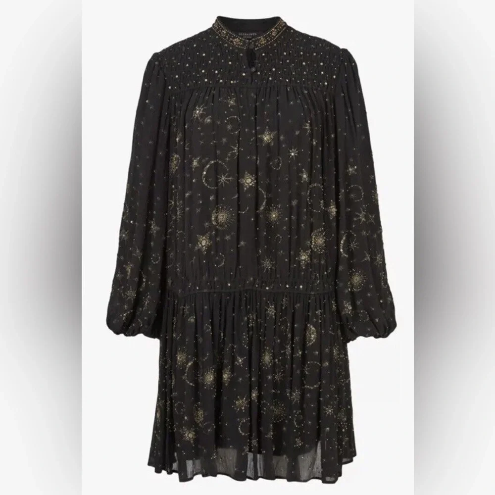All Saints Black and Gold Smocked A-Line Dress - Picture 2 of 15